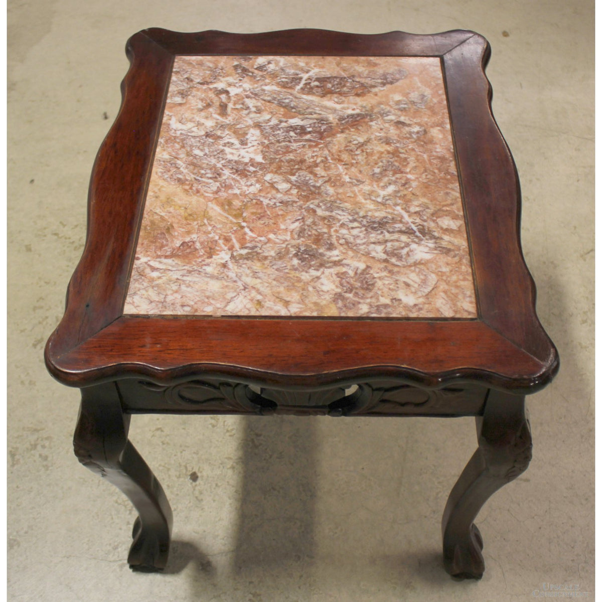 Carved Mahogany End Table w/Pink Stone Top