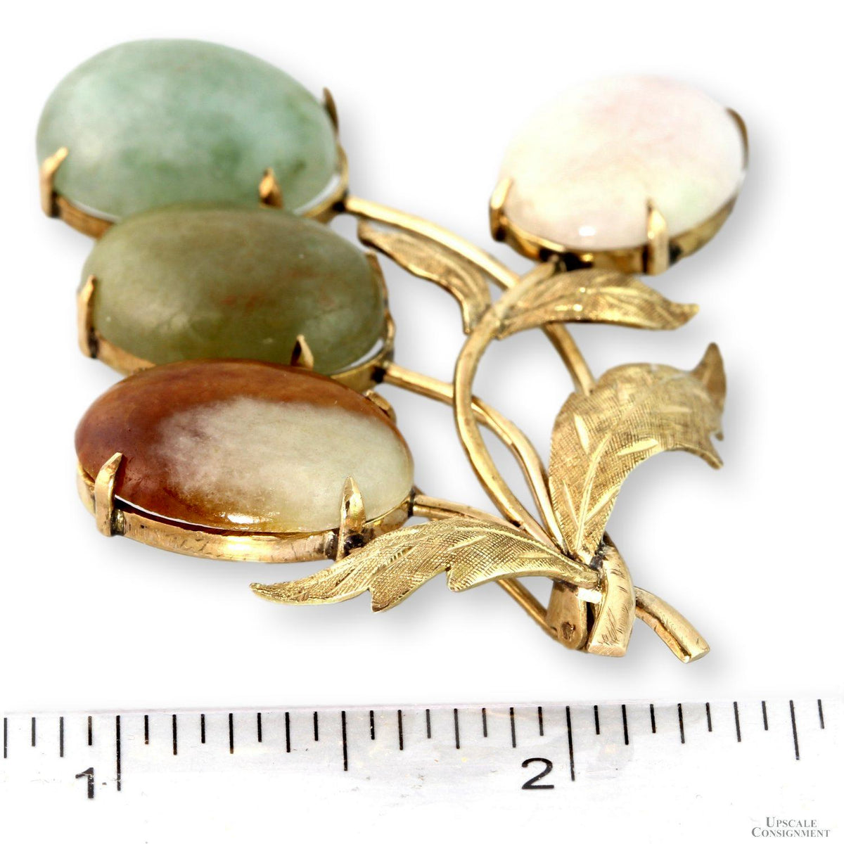 Nephrite Jade Brooch Solid Gold 9K–10K Multi Color Jade Leaf Pin