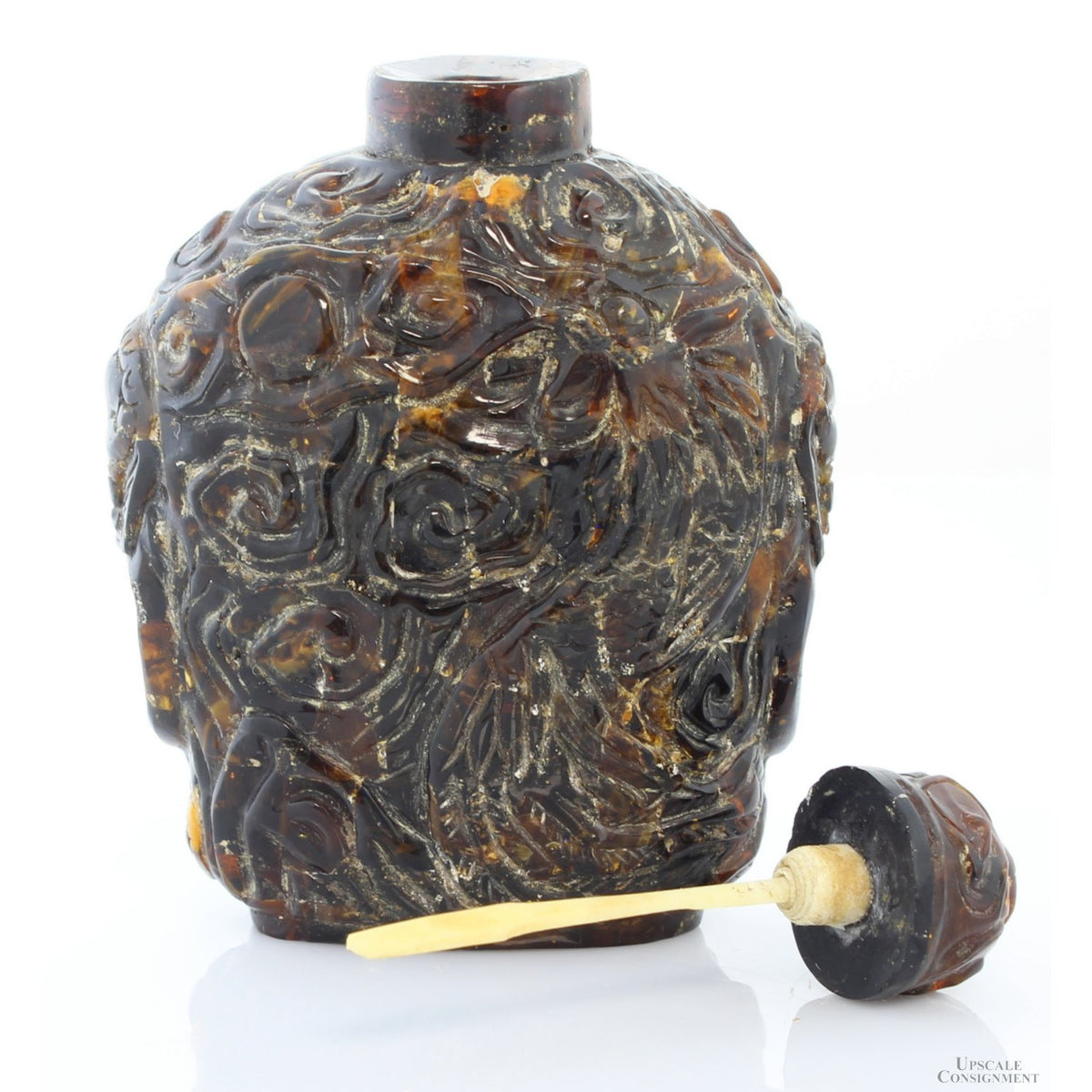 Chinese Hand-Carved Natural Amber Snuff Bottle | High Relief Phoenix & Shou Symbol