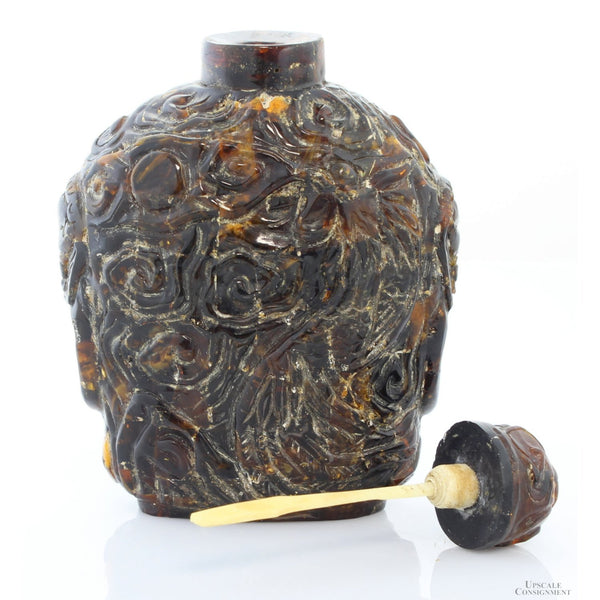 Chinese Hand-Carved Natural Amber Snuff Bottle | High Relief Phoenix & Shou Symbol