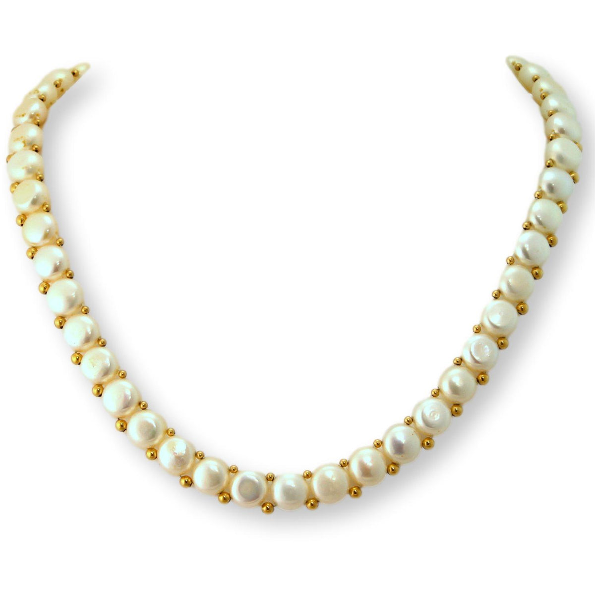 14K Yellow Gold Cultured Pearl Necklace – 9.5mm White Pearls with Gold Spacer Beads