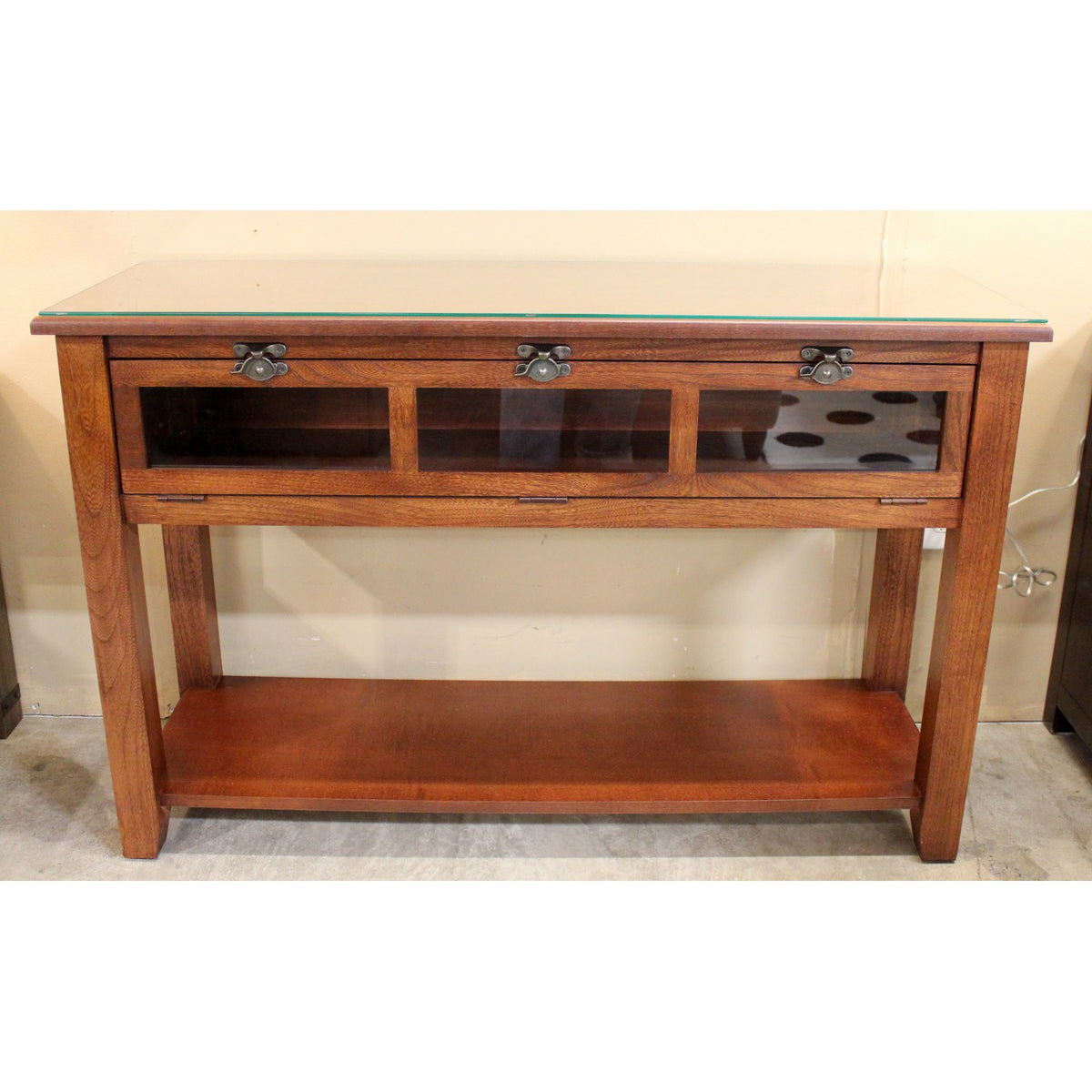 Oak Console Table w/Glass Front Storage