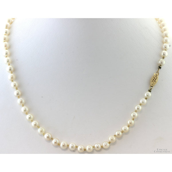 Vintage Cultured Akoya Pearl Necklace | Hand-Knotted Strand | 14K Gold Clasp