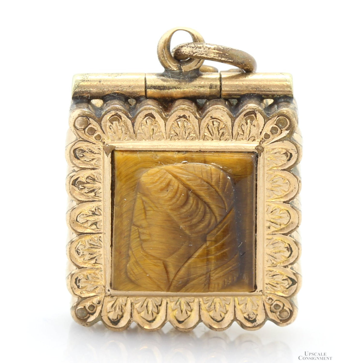 Vintage Tiger's Eye Cameo Locket Pendant with 14K Gold Accents