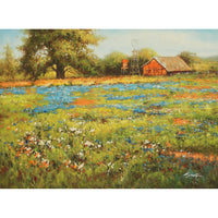Framed Original Oil Blue Flower Field w/Barn