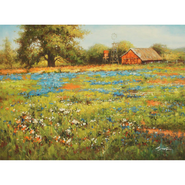 Framed Original Oil Blue Flower Field w/Barn