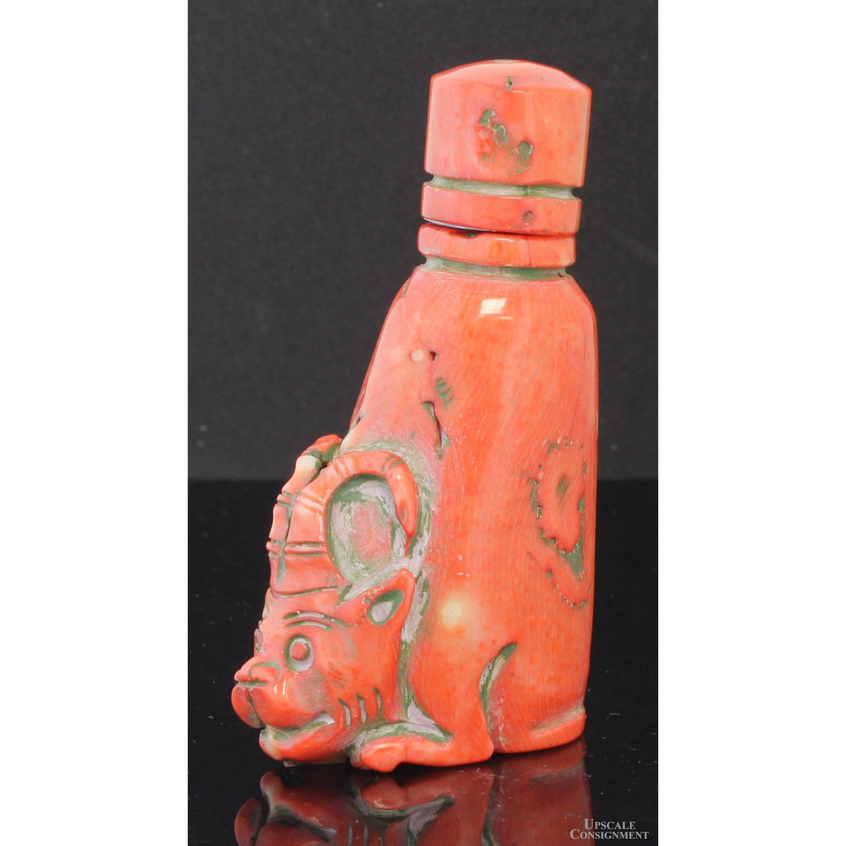 Mid-Century Chinese Hand-Carved Coral Figural Snuff Bottle Depicting a Mythical Guardian Beast