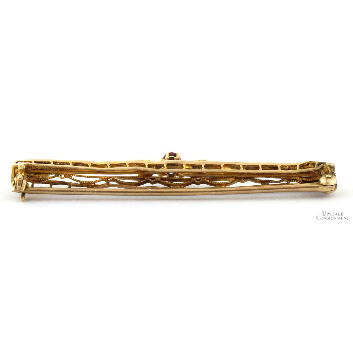 10K Yellow Gold Antique Bar Brooch - Lab-Created Ruby