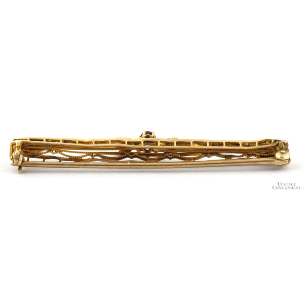 10K Yellow Gold Antique Bar Brooch - Lab-Created Ruby