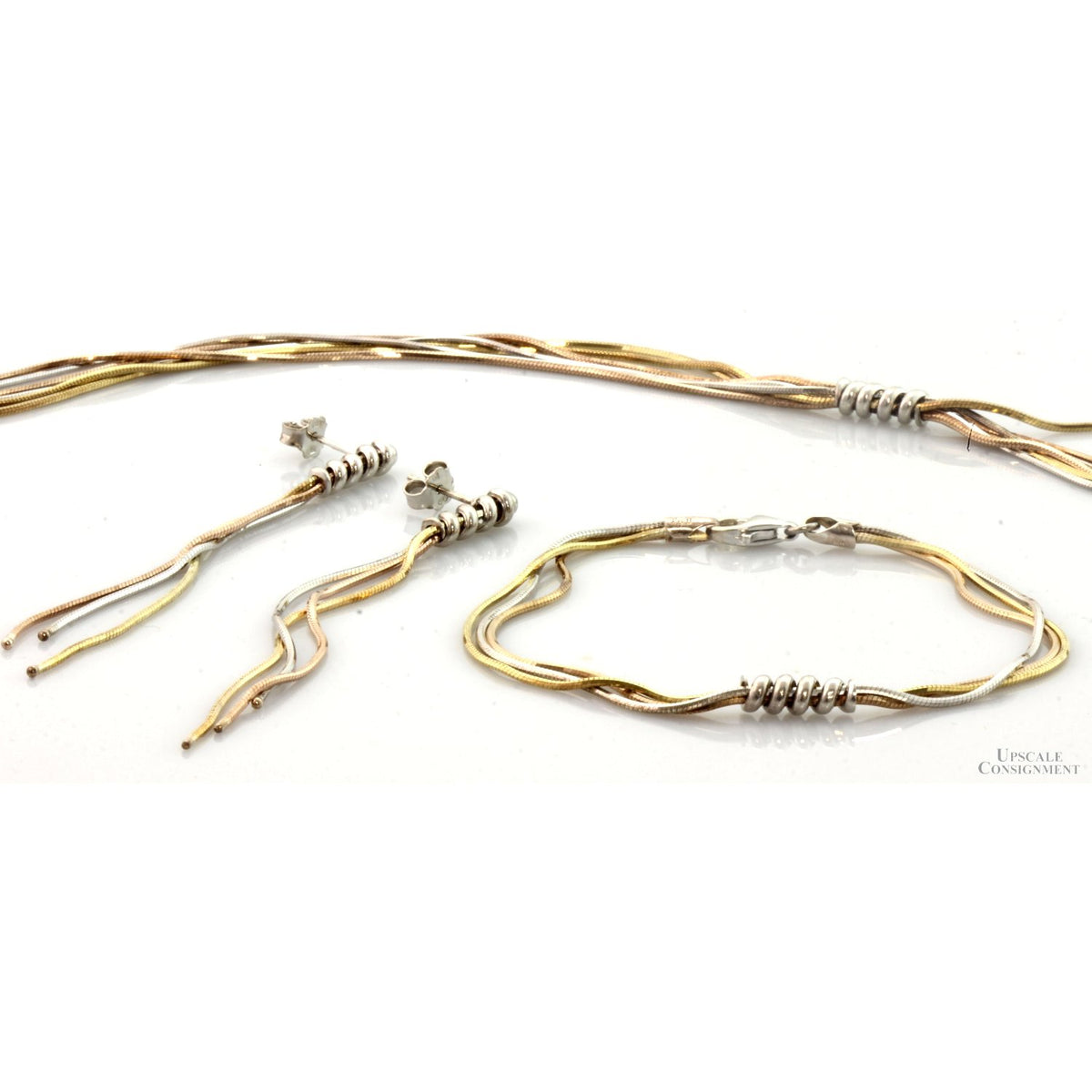 Italian Tri-Color 14K Gold Vermeil & 925 Sterling Silver Necklace, Bracelet & Earrings Set