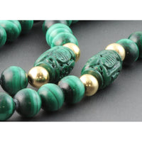 10mm Malachite & Carved Shou & 14K Gold Bead 30" Necklace