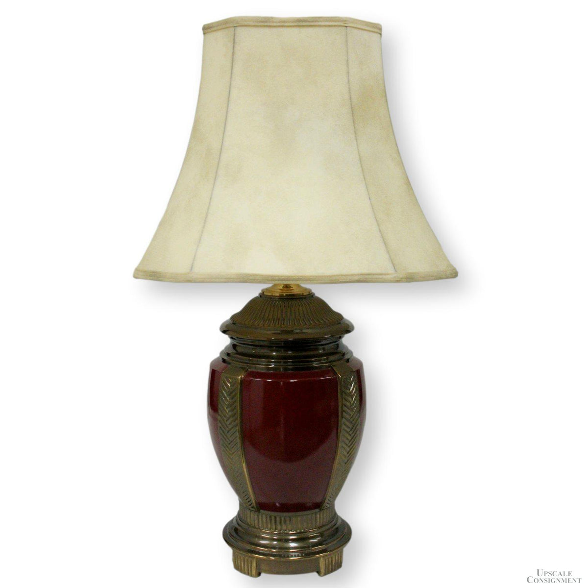 Brass & Burgundy Table Lamp w/Leather Shade