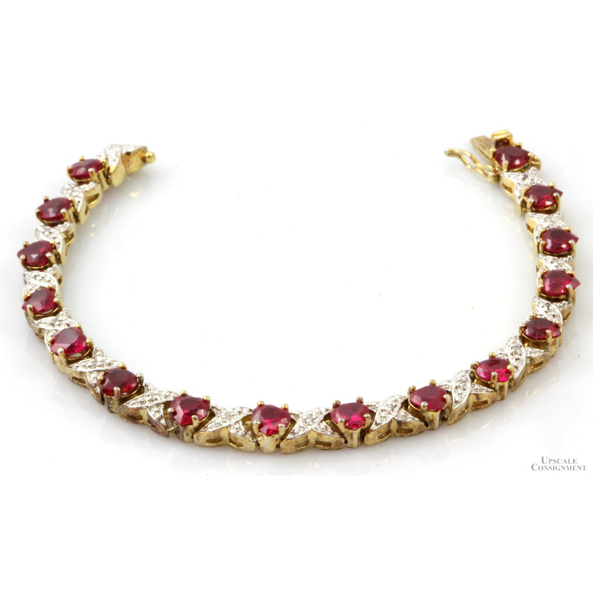 Gold Vermeil Lab-Created Ruby Hearts & Diamond Link Bracelet