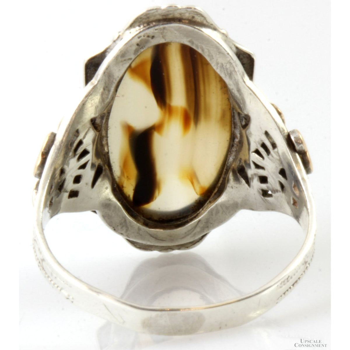 Art Nouveau Sterling & 14K RGP Dendritic Agate Antique Ring