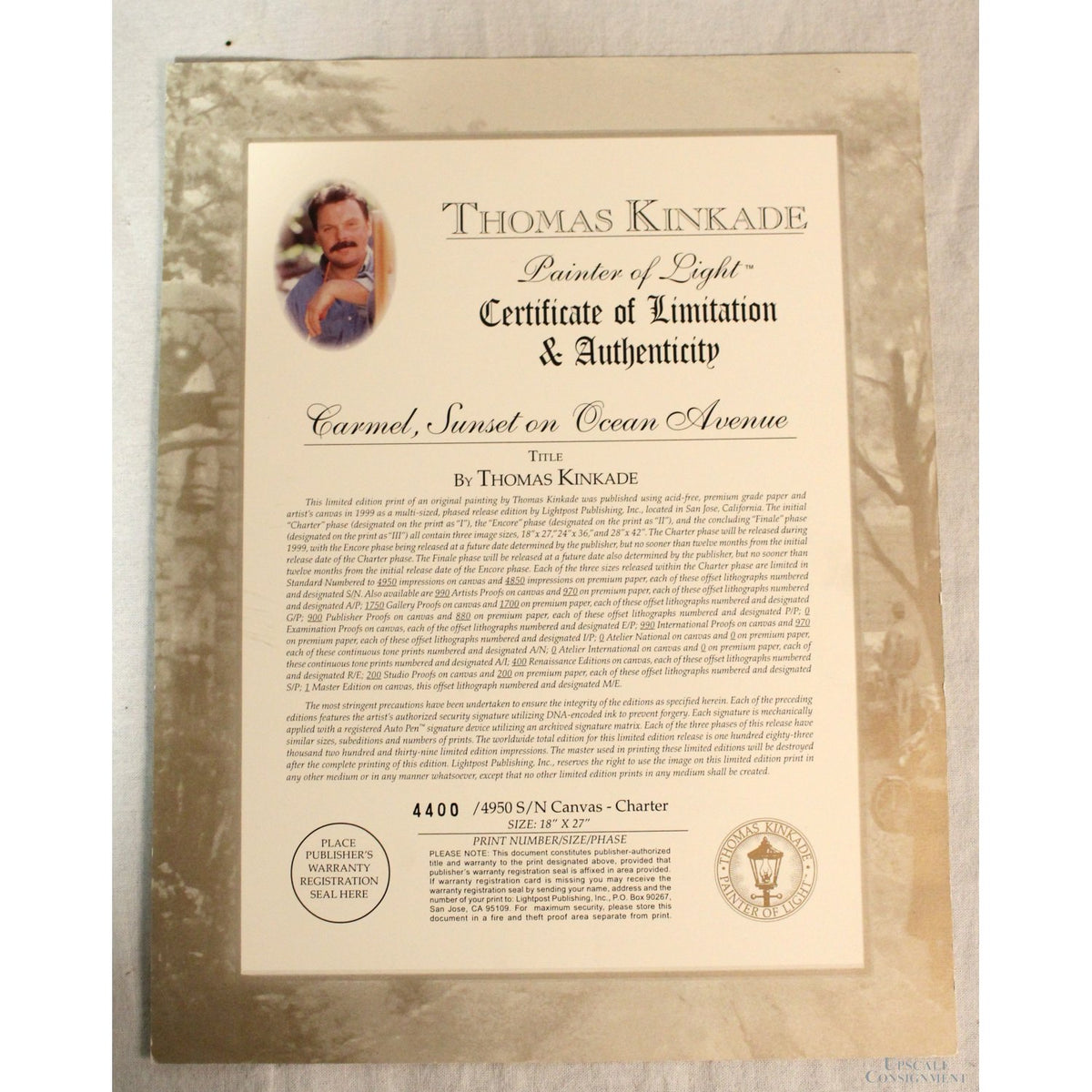 Framed Limited Edition Print "Carmel, Sunset on Ocean Avenue" by Thomas Kinkade