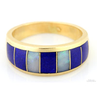 14K Gold Blue Lapis & Precious White Opal Channel Inlay Band