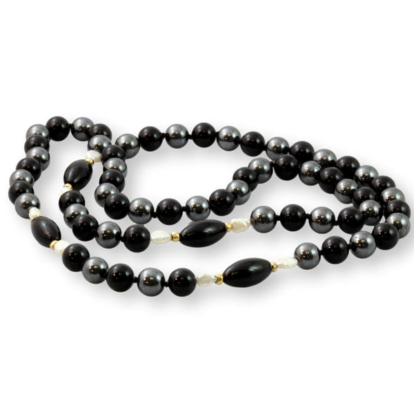 Handknotted Black Onyx Pearl Hematite 14K Gold Bead Necklace