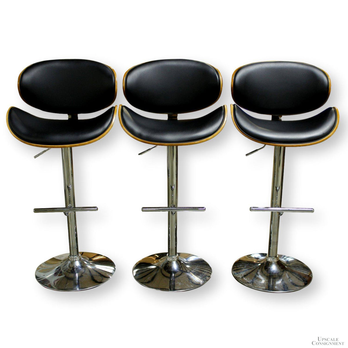 Set/3 Chrome & Black Leather Adjustable Height Bar Stools