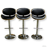 Set/3 Chrome & Black Leather Adjustable Height Bar Stools