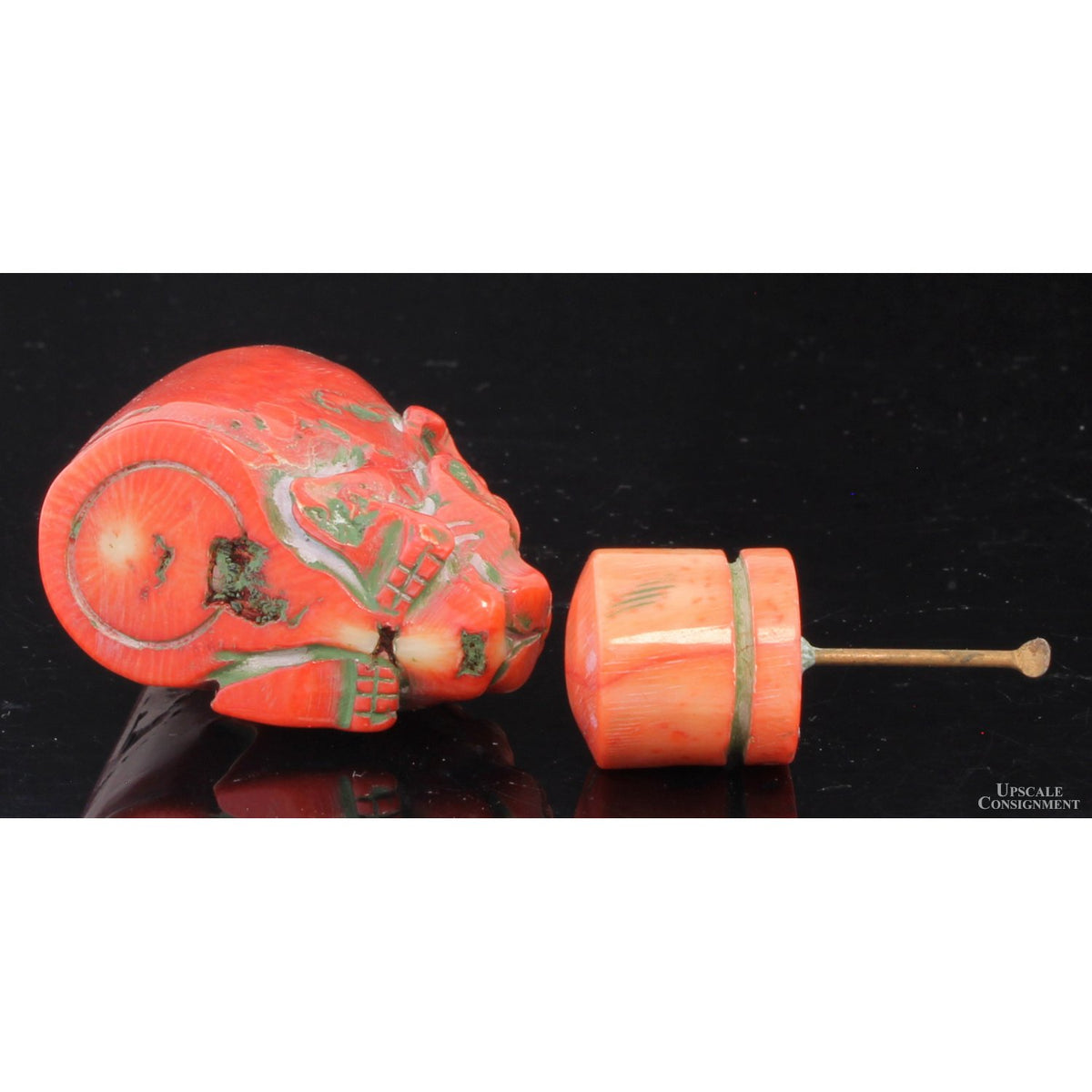 Mid-Century Chinese Hand-Carved Coral Figural Snuff Bottle Depicting a Mythical Guardian Beast