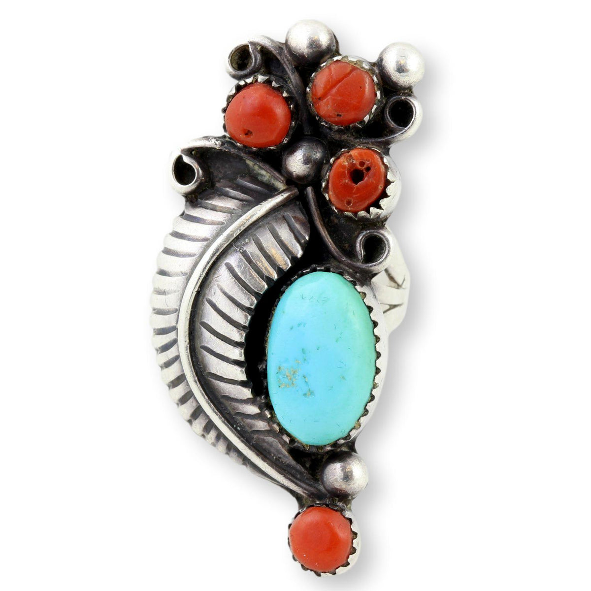 Handcrafted Navajo Turquoise & Coral  Sterling Silver Ring