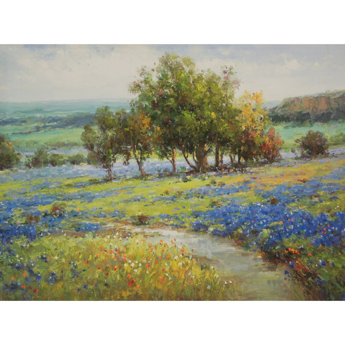 Framed Original Oil Blue Flower Field with Trees