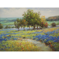 Framed Original Oil Blue Flower Field with Trees