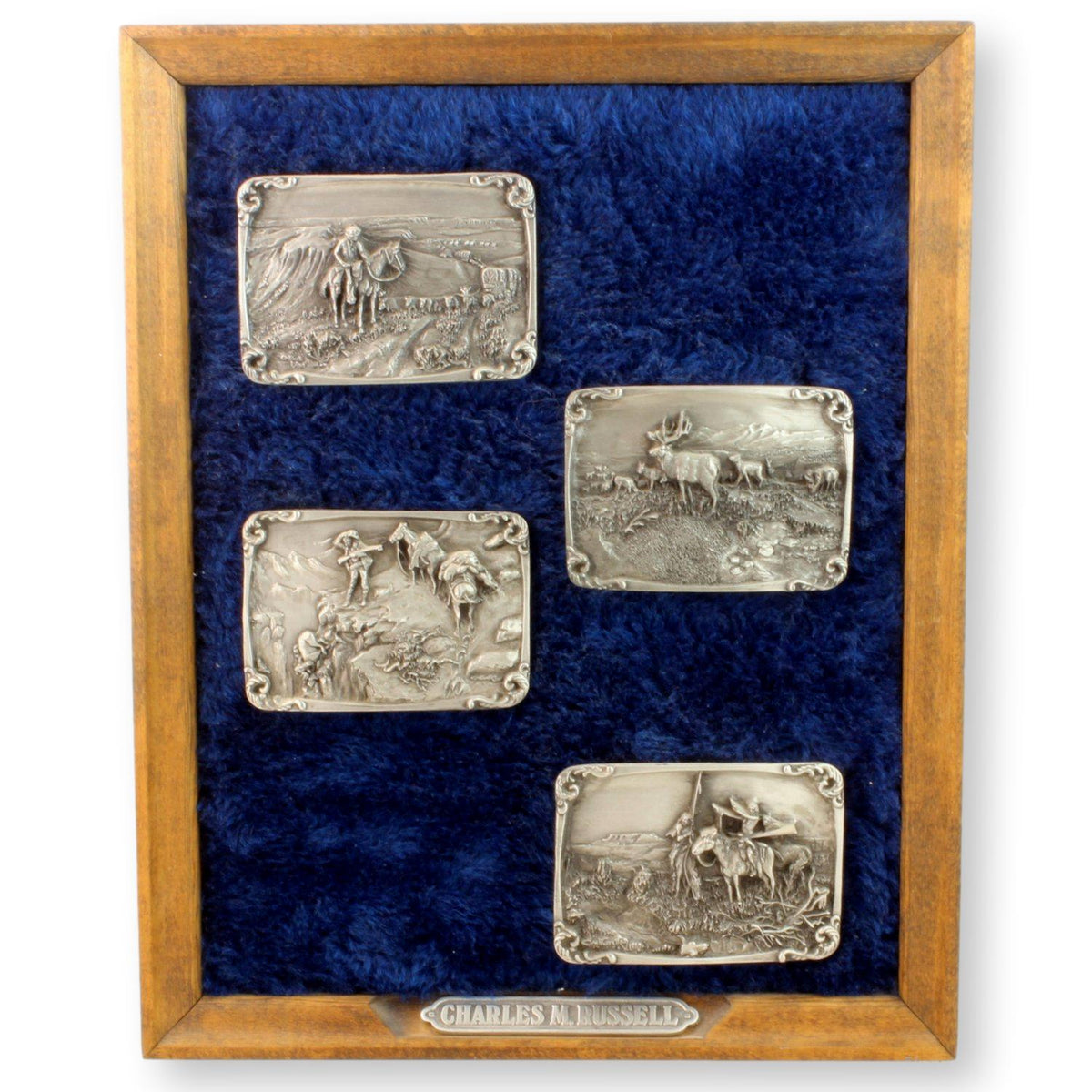 Charles M. Russell Pewter Buckle Set – Framed with COA – Western art collectible.