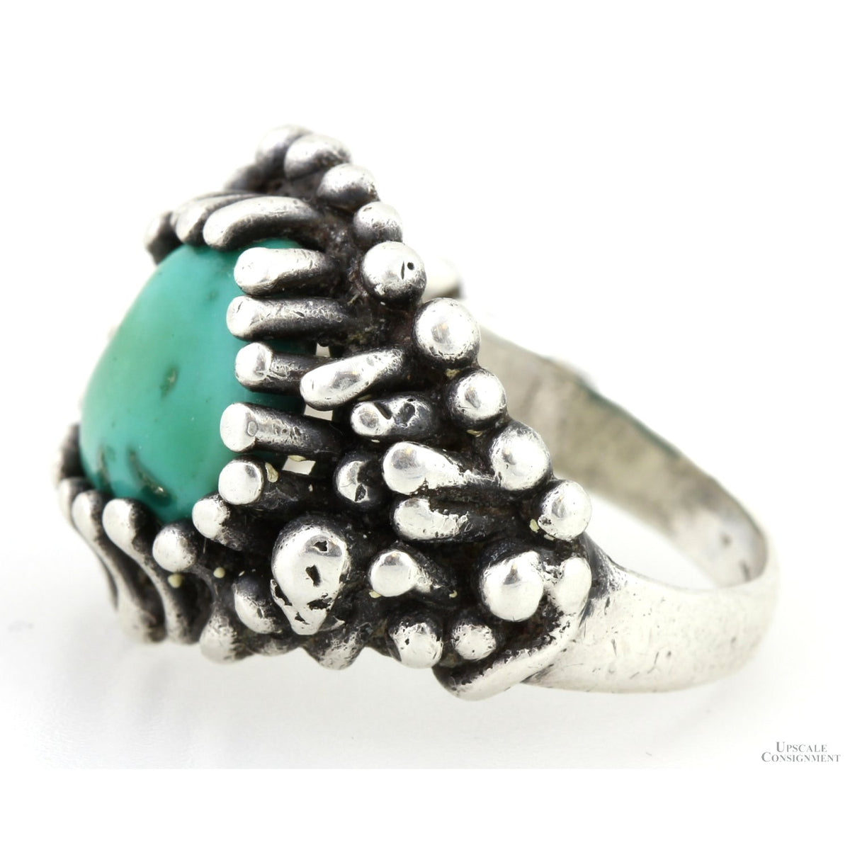 Handcrafted Green Turquoise Brutalist Sterling Silver Ring