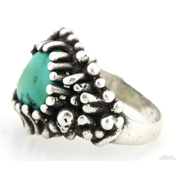 Handcrafted Green Turquoise Brutalist Sterling Silver Ring