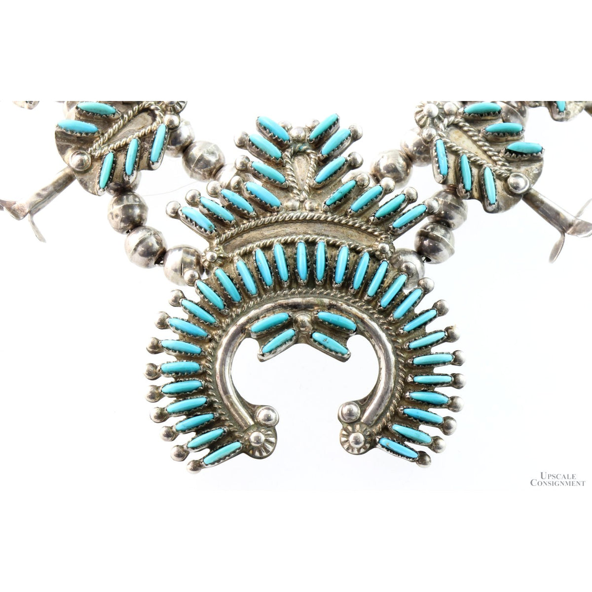 Zuni Needlepoint Turquoise & Sterling Silver Squash Blossom Necklace