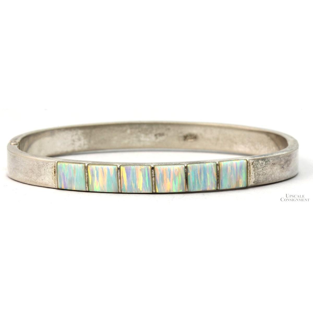 Vintage Sterling Silver White Opal Inlay Hinged Bangle