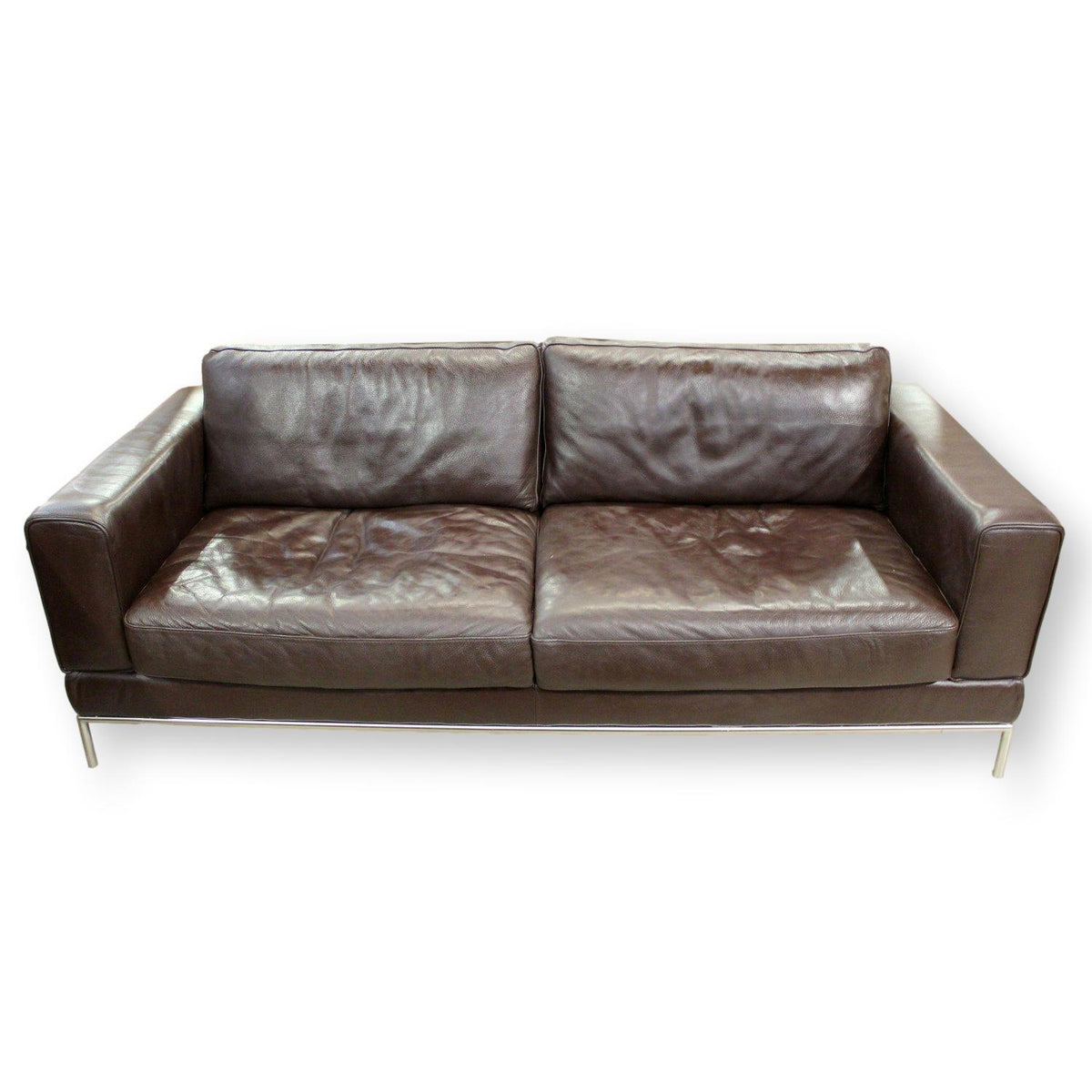 Brown Leather Sofa w/Metal Trim