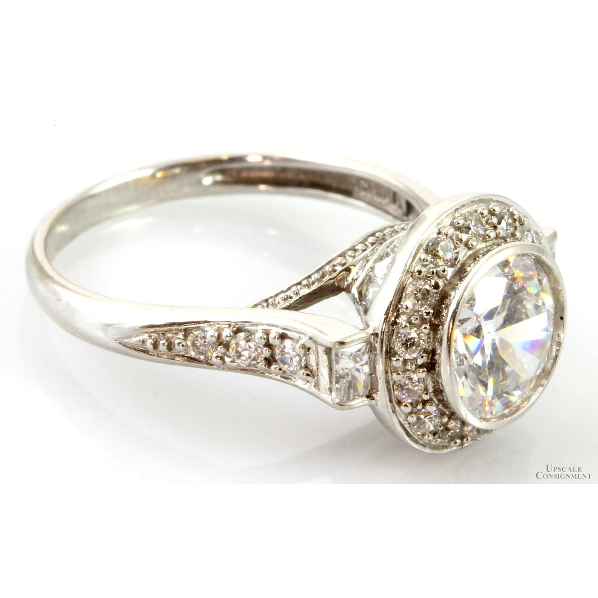 14K White Gold Round & Baguette CZ Tall Halo Ring