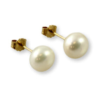 White Button Pearl 14K Gold Stud Earrings