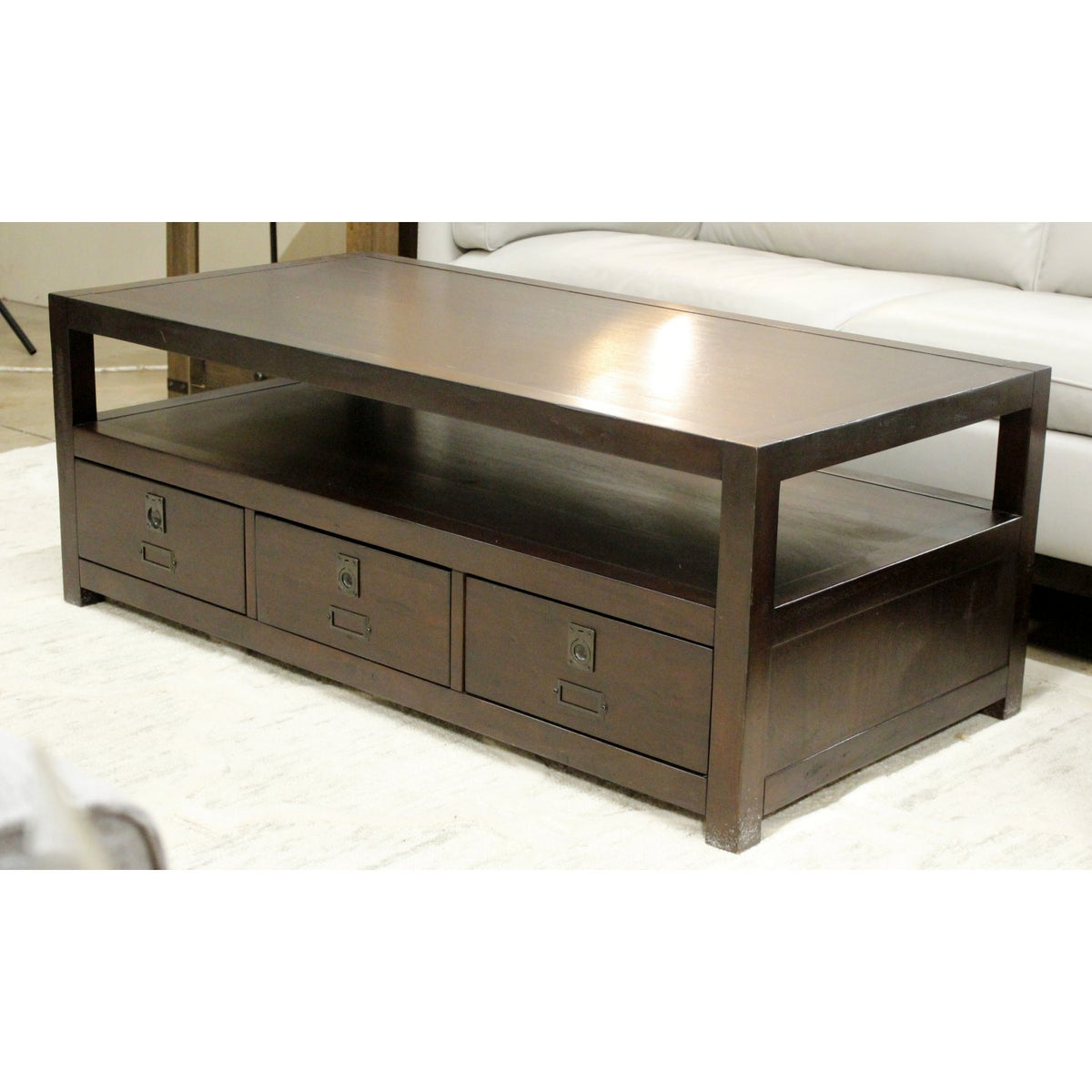 Pottery Barn "Ryhs" Dark Brown 3 Drawer Coffee Table