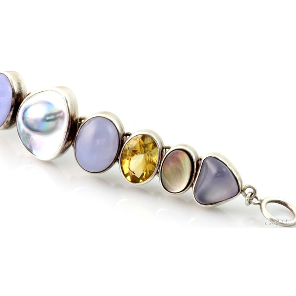 Natural Gemstone & Mabe Pearl Sterling Silver 1"(w) Bracelet