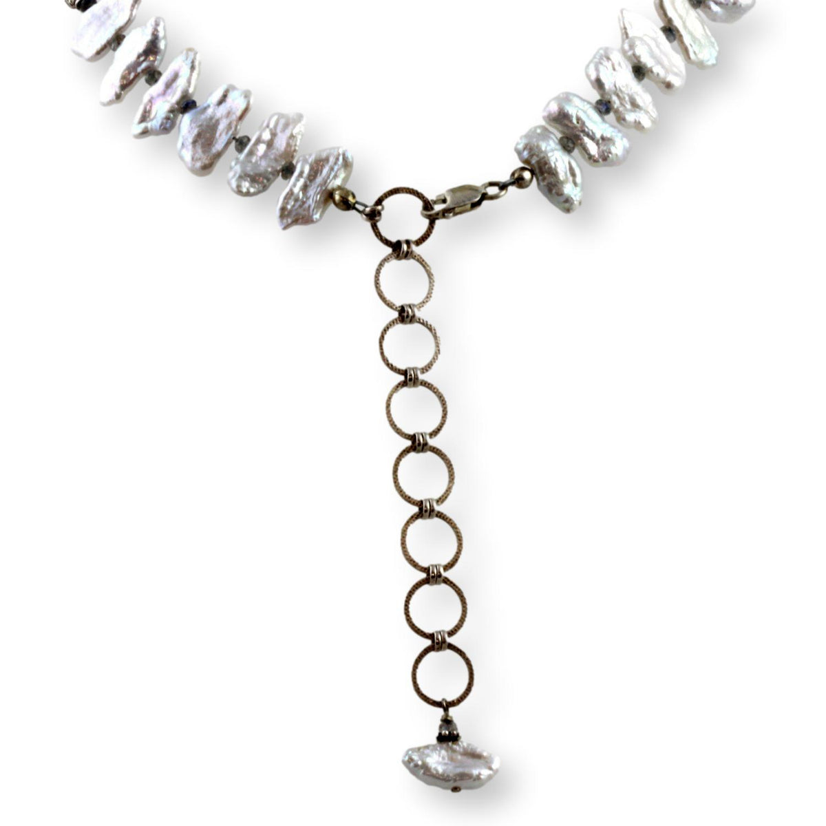 Lake Biwa Japan Pearls, Labradorite, Embossed Sterling Necklace