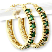 Natural Emerald & Diamond Hoop Earrings in 14K Gold