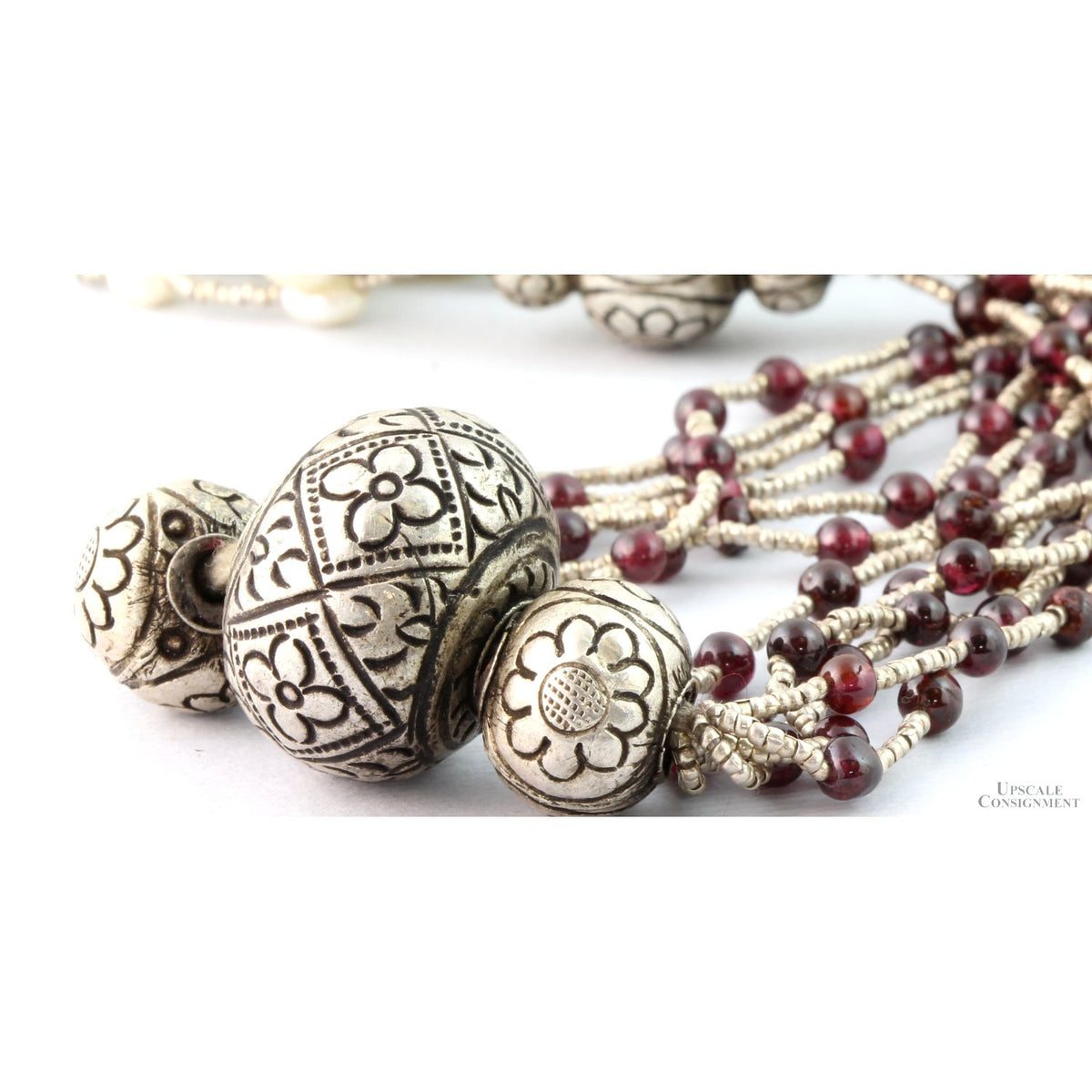 Multi-Strand Freshwater Pearl & Garnet Sterling Silver Necklace