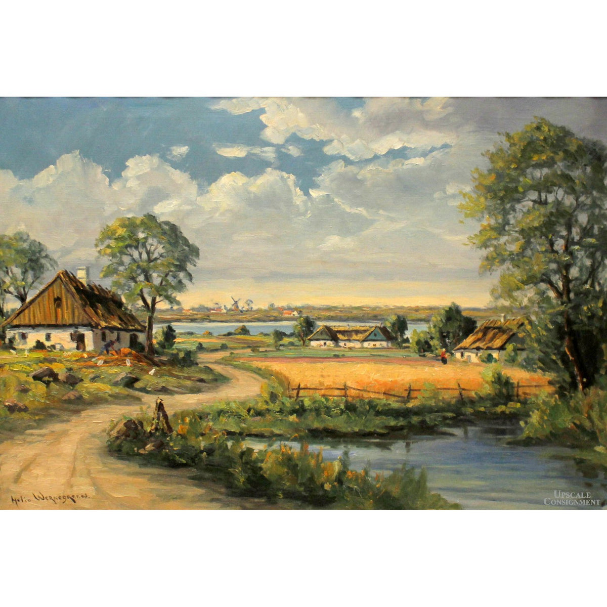 Framed Original Oil Painting - Farming Village w/Pond