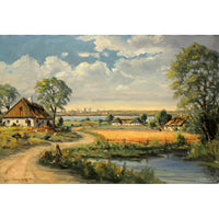 Framed Original Oil Painting - Farming Village w/Pond