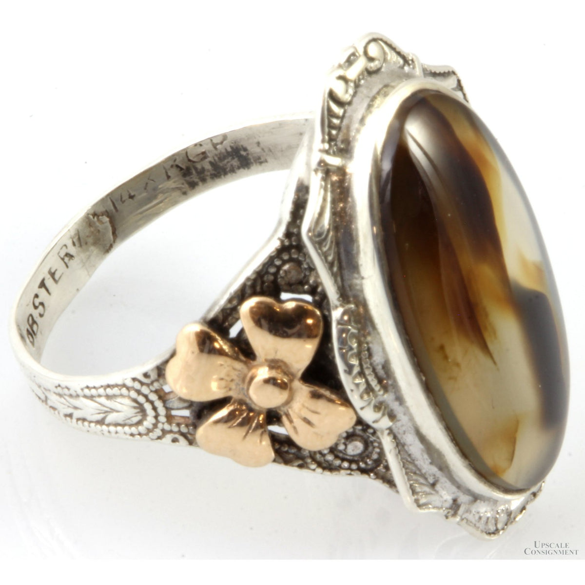 Art Nouveau Sterling & 14K RGP Dendritic Agate Antique Ring