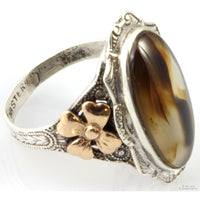 Art Nouveau Sterling & 14K RGP Dendritic Agate Antique Ring