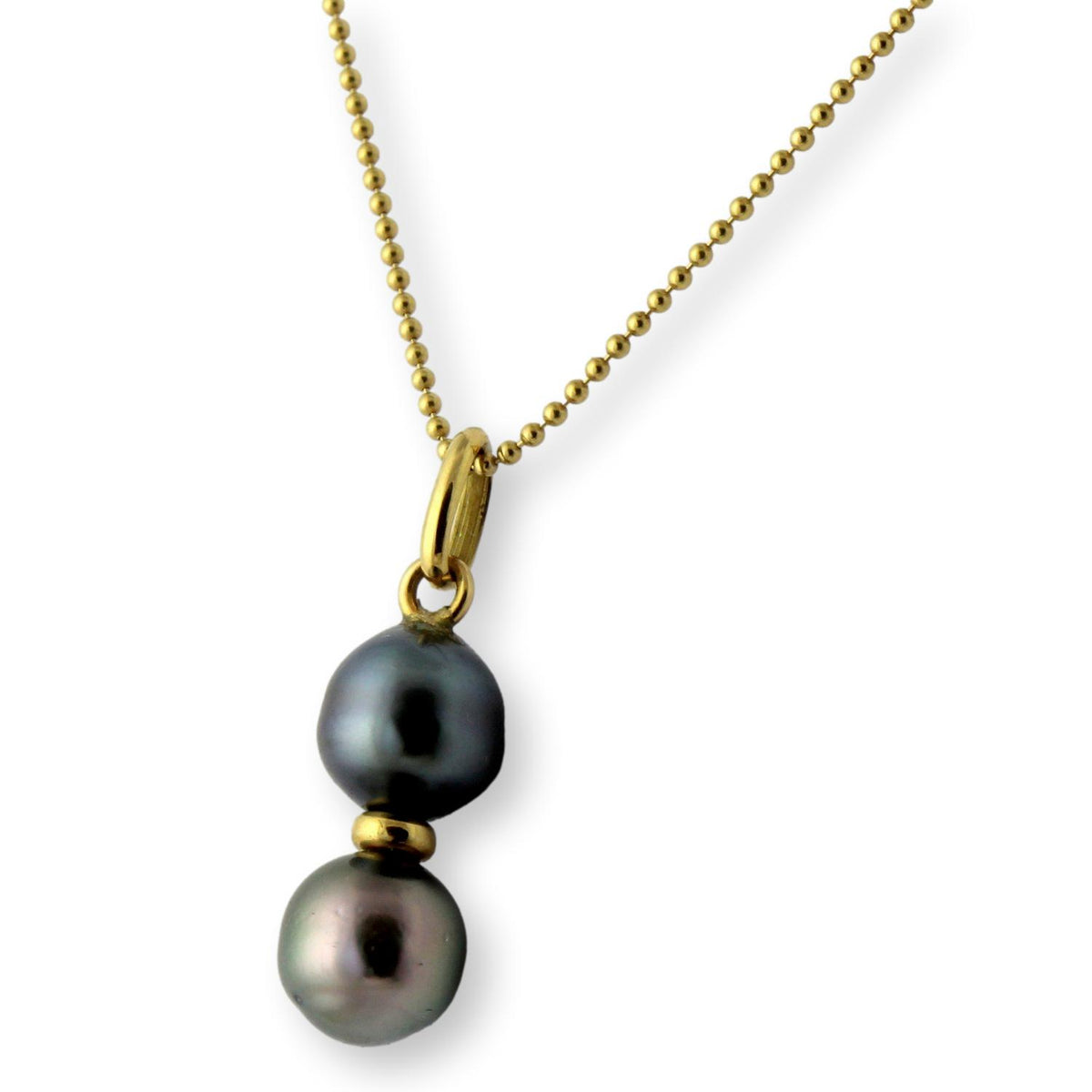 18K Gold Pendant & Chain Dark Gray Pearls - Peacock Overtones