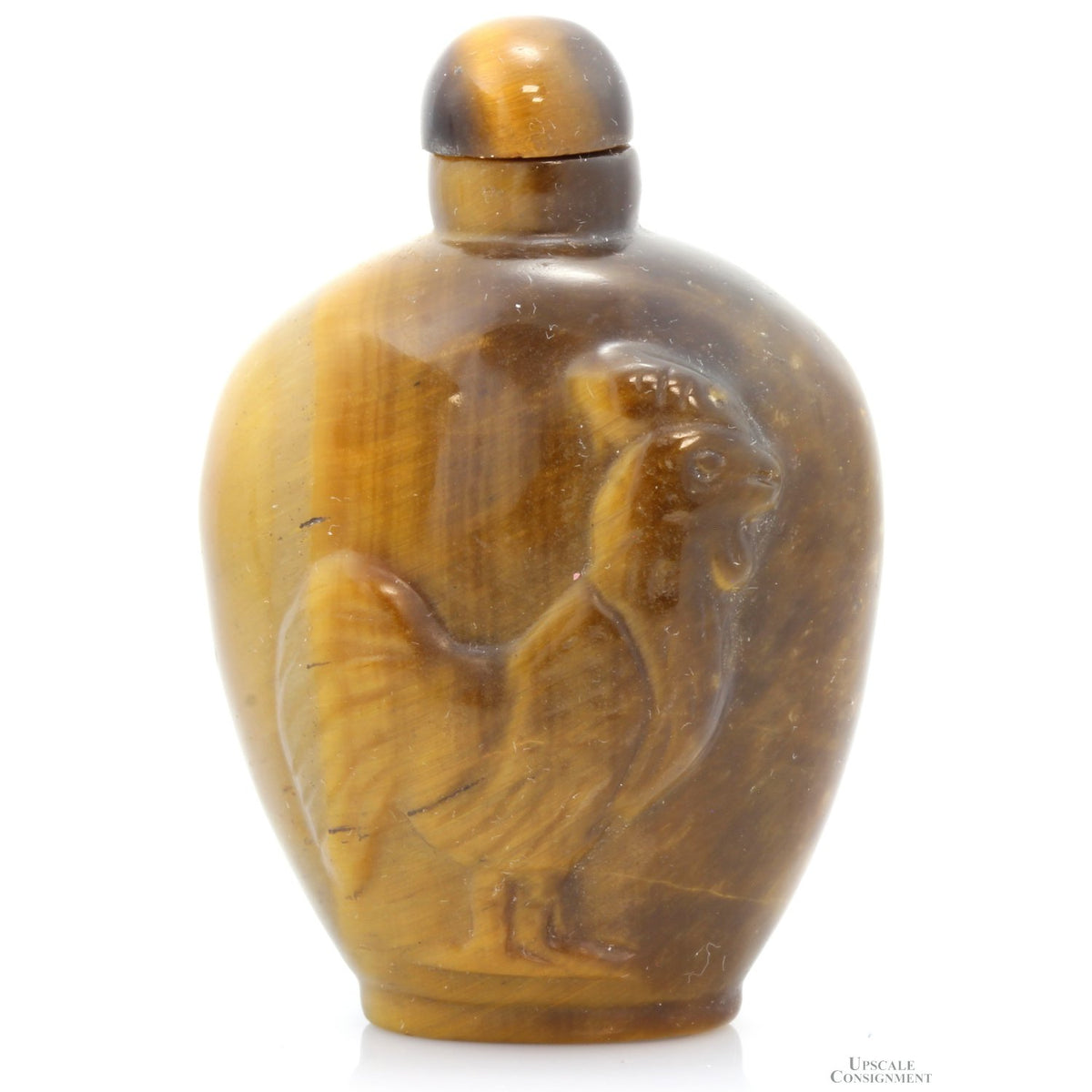 Vintage Chinese Tiger's Eye Snuff Bottle with Rooster Motif