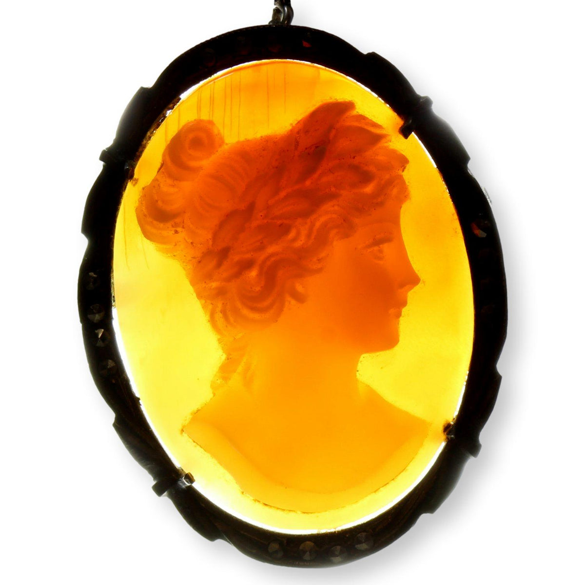 Carved Shell Cameo & Marcasite 800 Silver Pendant Brooch & Chain