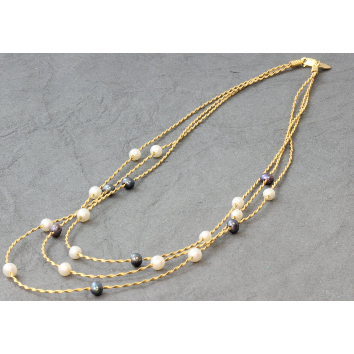 14K Gold Twisted Three-Strand Graduated Length Pearl Station Necklace