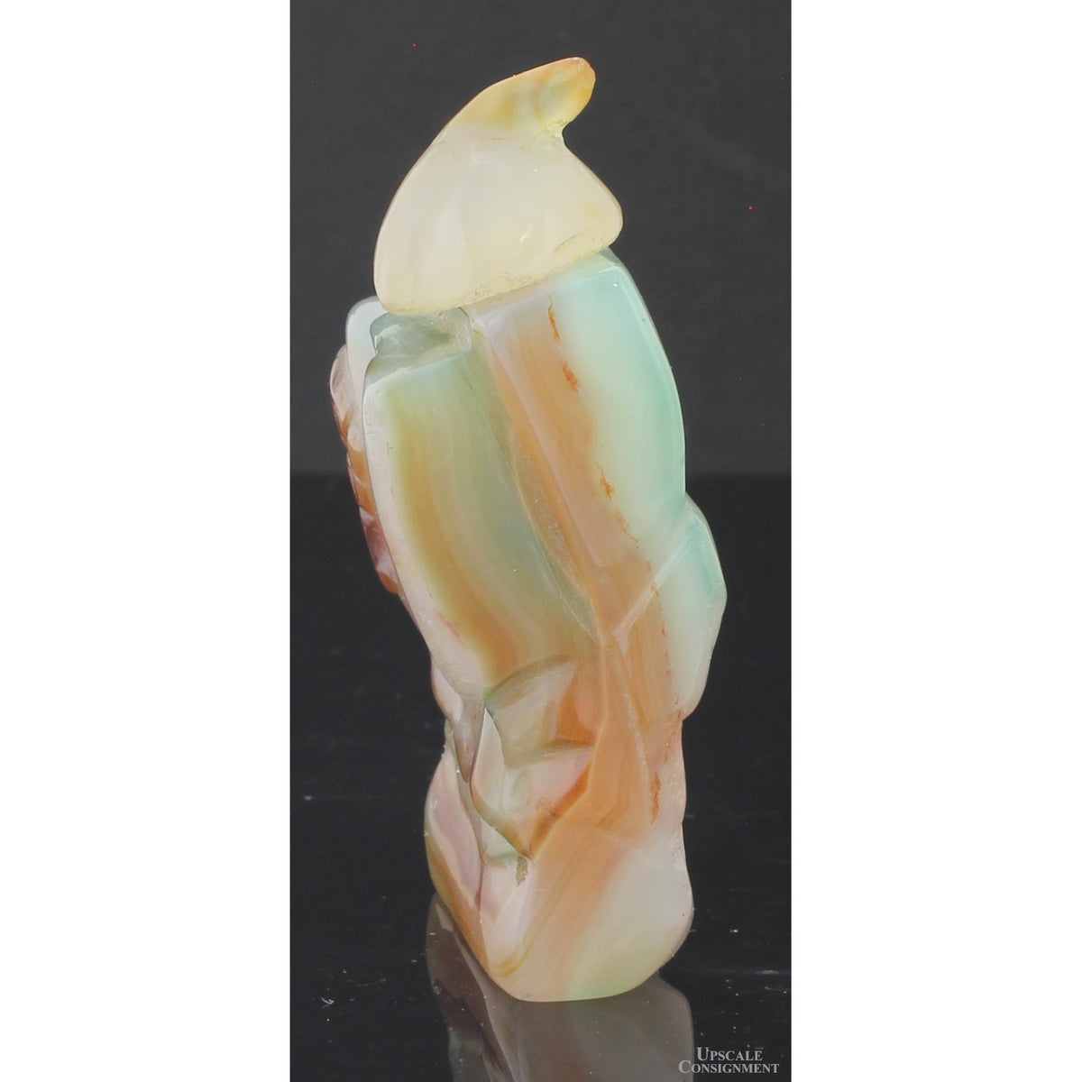 Chinese Hand-Carved Banded Agate Figural Snuff Bottle Depicting a Woman Cradling a Child