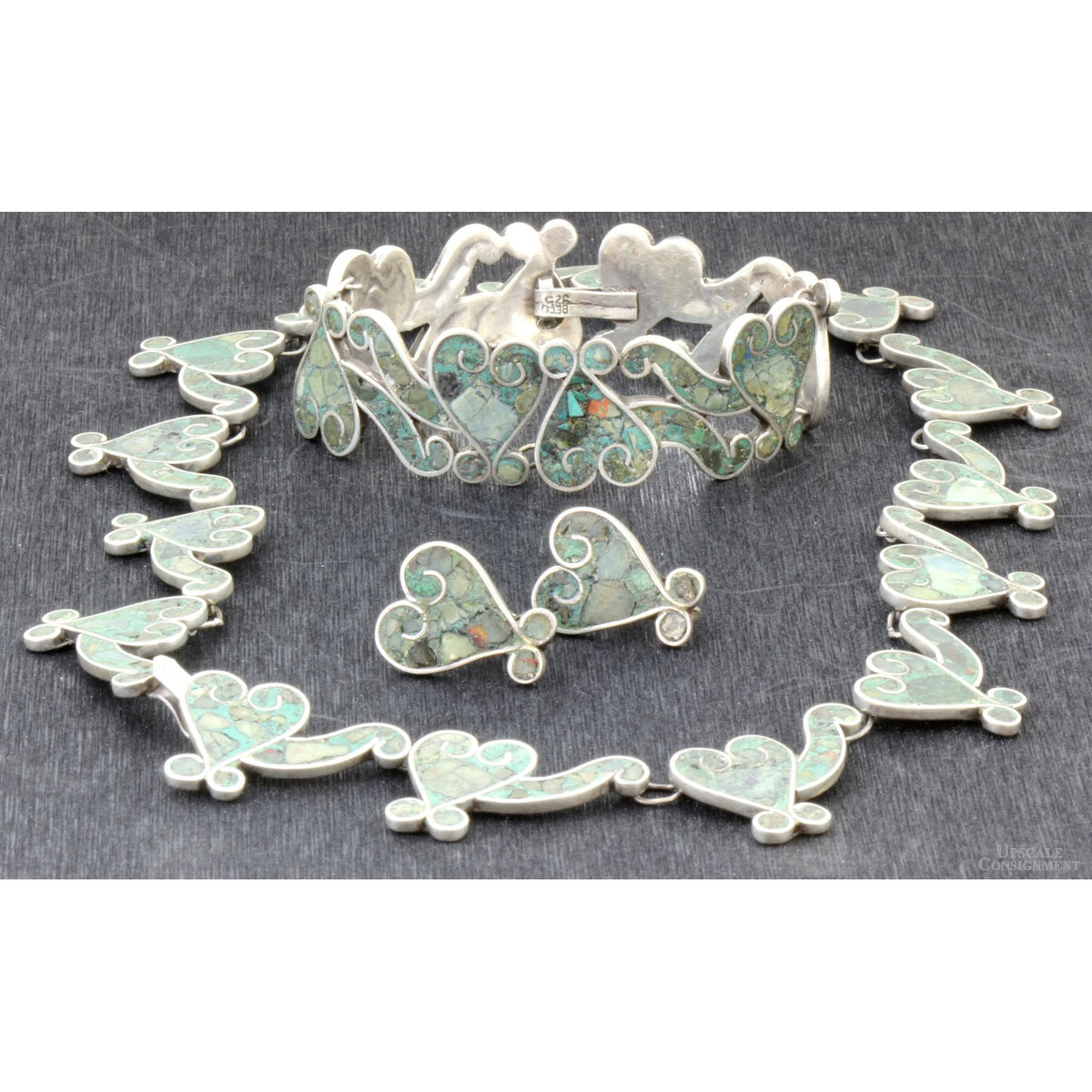 Early 1940s Sterling Silver Inlaid Turquoise Mosaic Set by Beto
